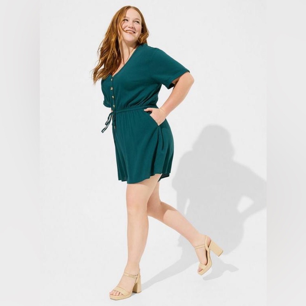 Torrid Teal Romper with Waist Tie & Pockets